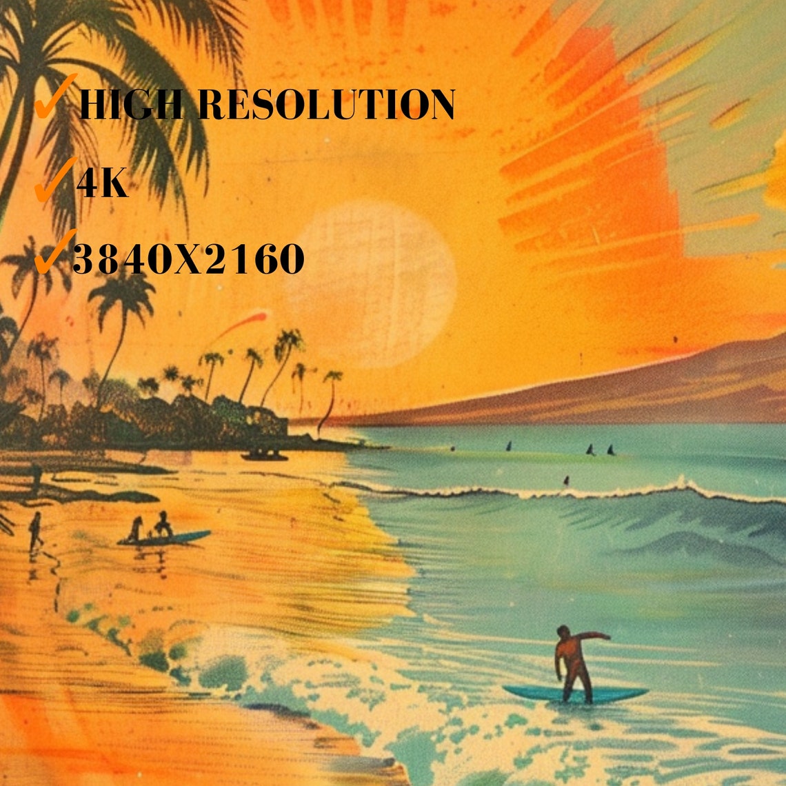 Framed Beach Surf Art For Frame Tv Vintage Palm Scene Volcano Abstract Painting Beach Decor Art - Image 3