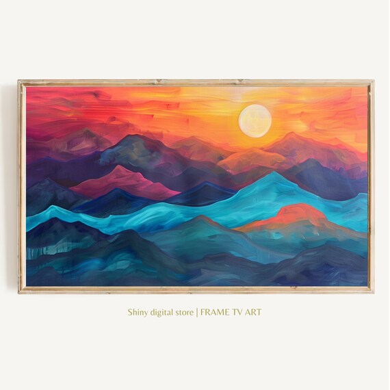 Sunset Over Mountains Abstract Frame Tv Art Colorful Pink Orange Blue Wall Art