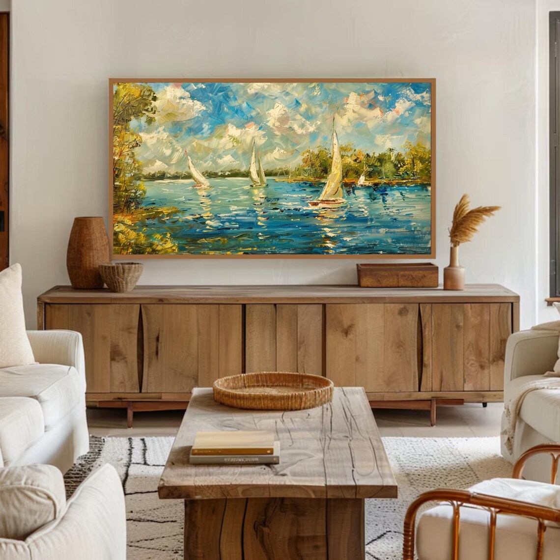 Sailboats On Blue Lake Sunny Clouds Impressionist Painting Poster - Image 2