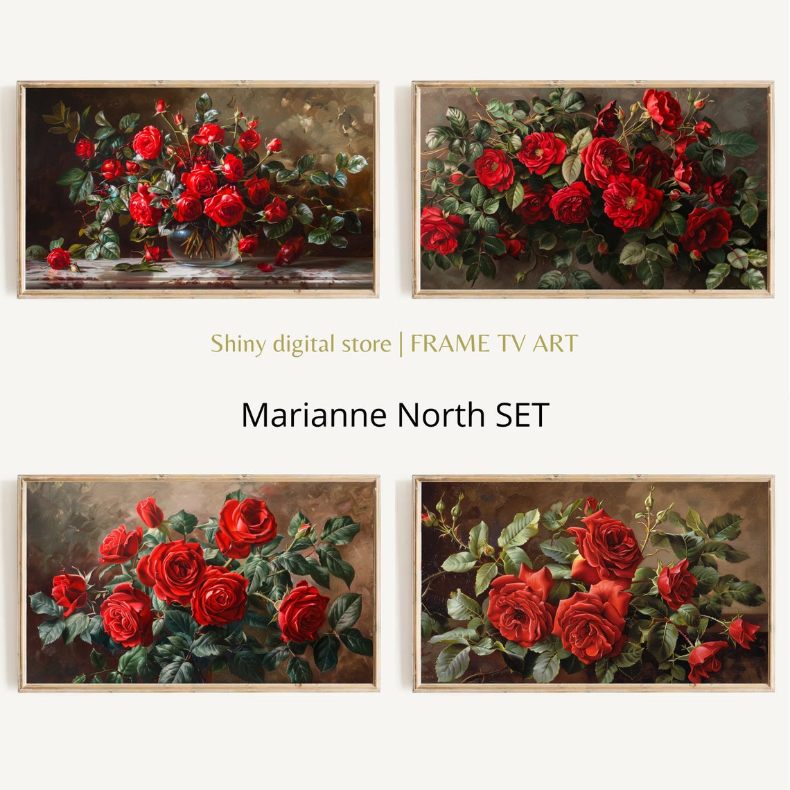 Set Of 4 Red Rose Paintings Vintage Oil Style Botanical Wall Art