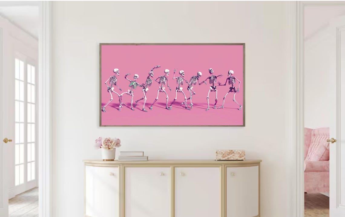 Frame Tv Art Pink Halloween Dancing Skeletons Textured Pop Art Cute Skeleton Pastel Pink Fall Tv Art File - Image 3