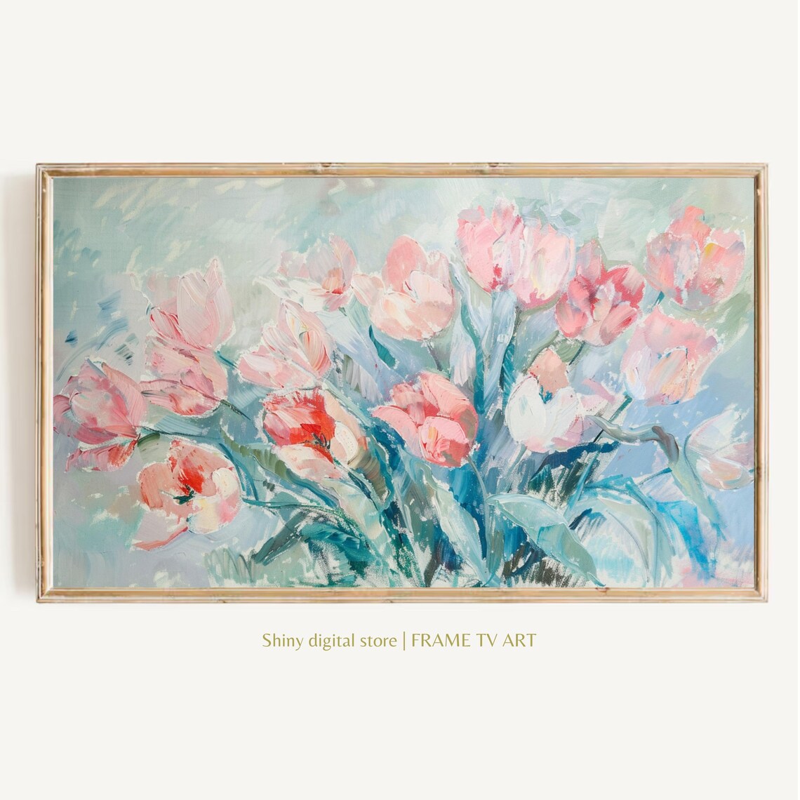 Pink Tulip Blossoms Soft Blue Spring Floral Oil Painting Wall Poster