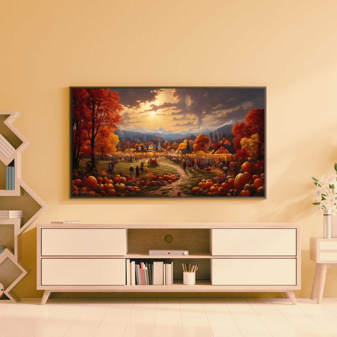 Fall Harvest Gathering Farm Pumpkins Sunset Landscape Painting Poster - Image 2