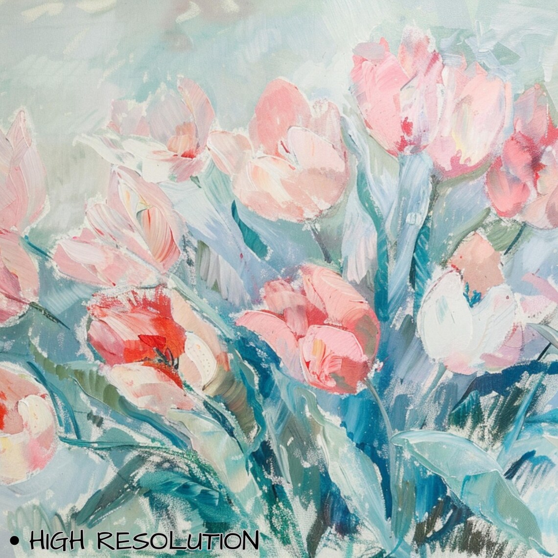 Pink Tulip Blossoms Soft Blue Spring Floral Oil Painting Wall Poster - Image 3
