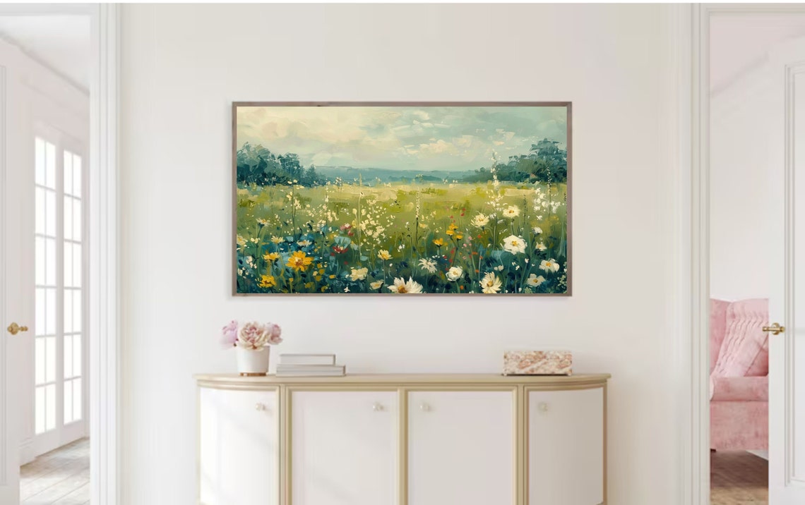 Spring Frame Tv Art Wildflower Field Oil Painting Flower Meadow Neutral Farmhouse Decor Country Oil Painting - Image 2