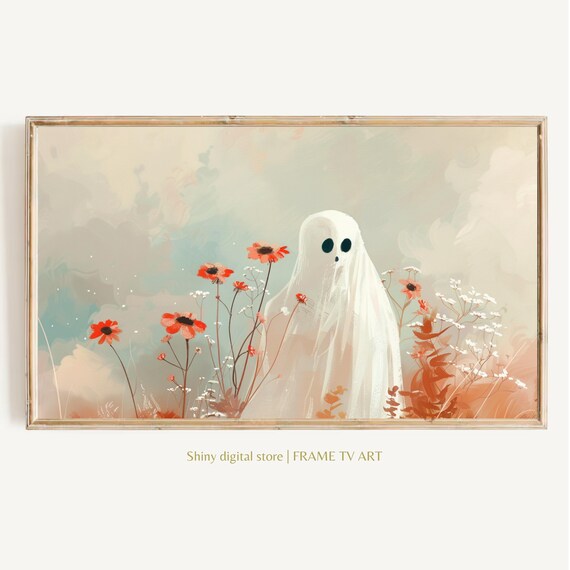 Cute Ghost Among Orange Wildflowers Soft Fall Halloween Floral Wall Art