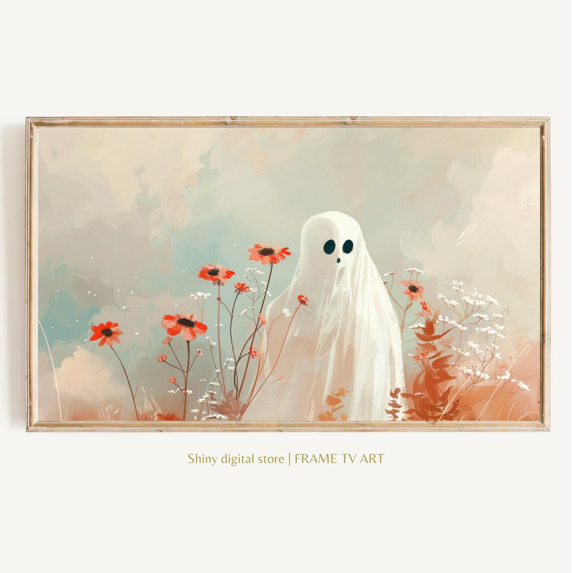 Cute Ghost Among Orange Wildflowers Soft Fall Halloween Floral Wall Art