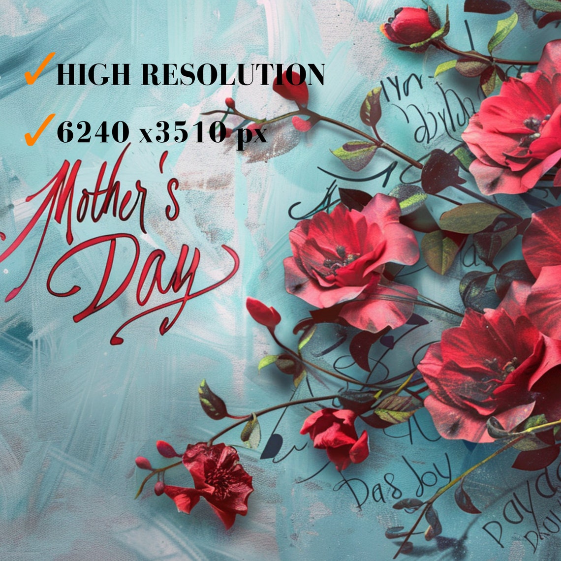 Mothers Day Red Roses Icy Blue Floral Script Greeting Art Poster - Image 3