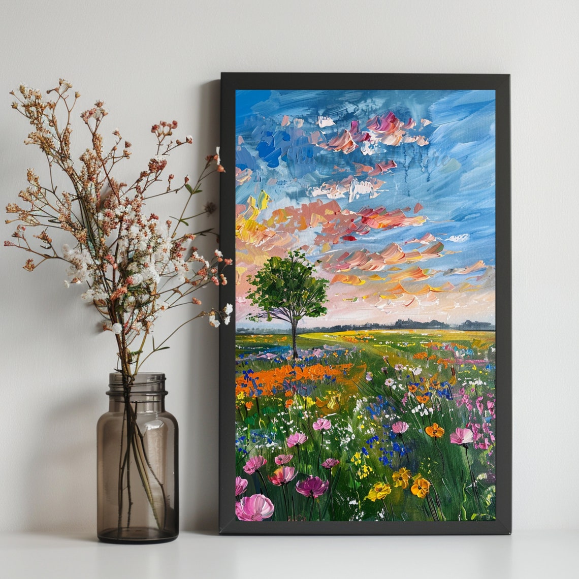 Lone Tree Wildflower Field Dramatic Sunset Sky Summer Landscape Poster - Image 2