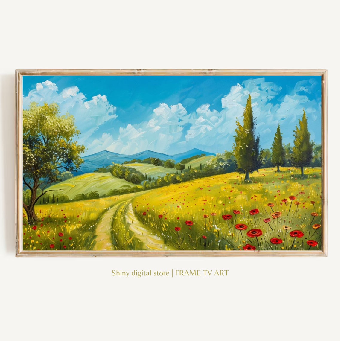 Tuscan Style Rolling Hills Cypress Trees Poppy Field Sunny Poster