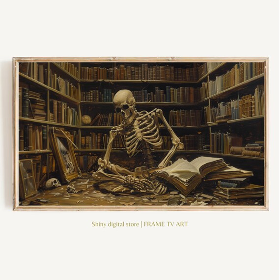 Skeleton Reading in Old Library Dark Academia Spooky Halloween Wall Art