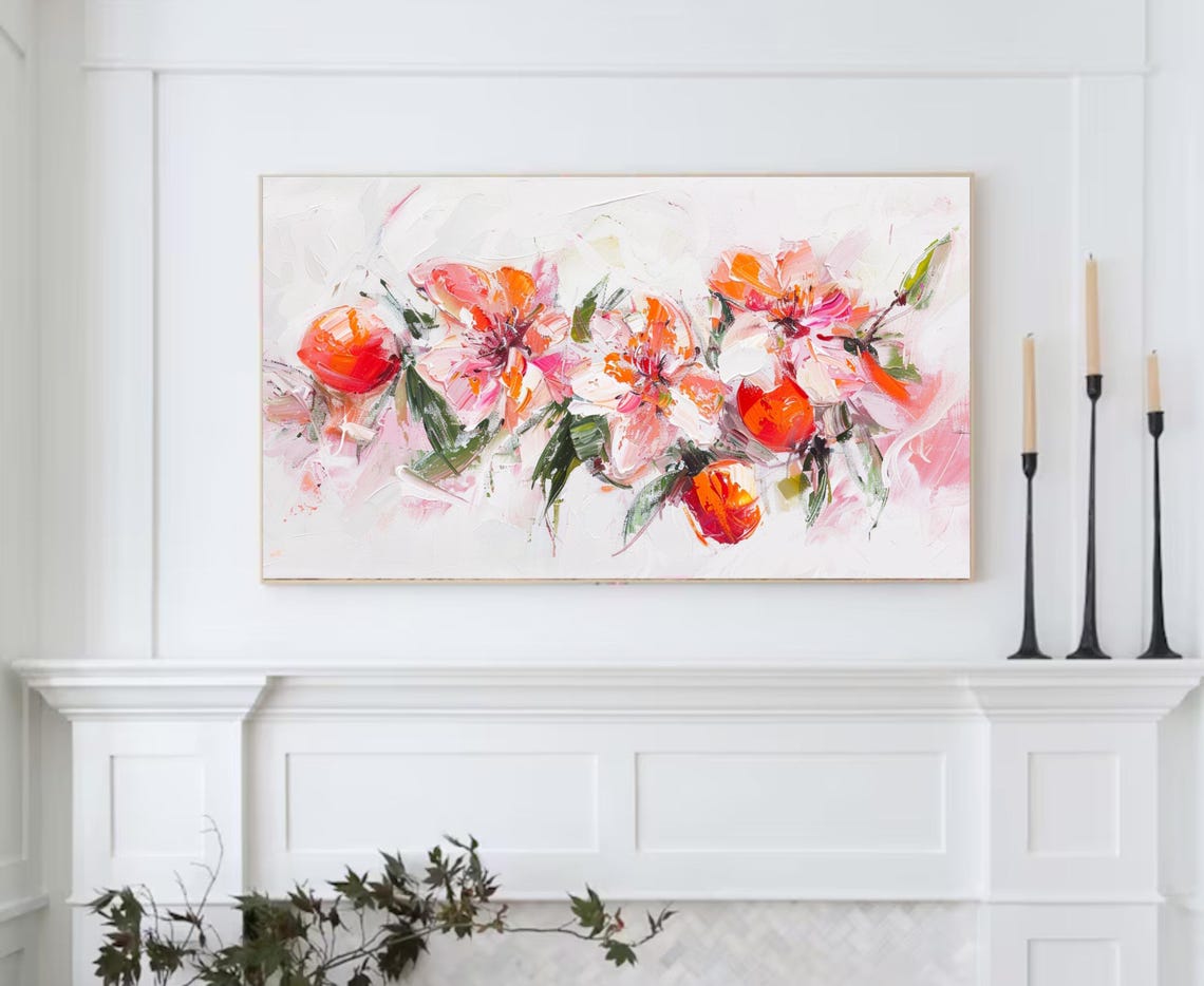 Textured Peach Blossom Impasto Floral Art Set of Four Spring Poster - Image 2