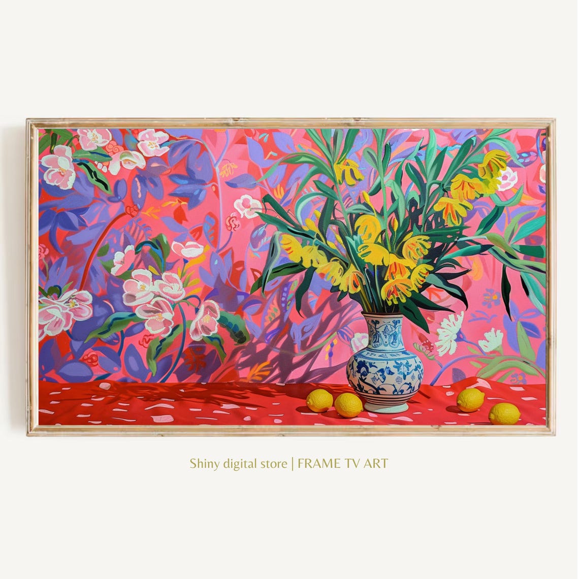 Vivid Pink Floral Scene with Vase of Yellow Flowers and Lemons Poster