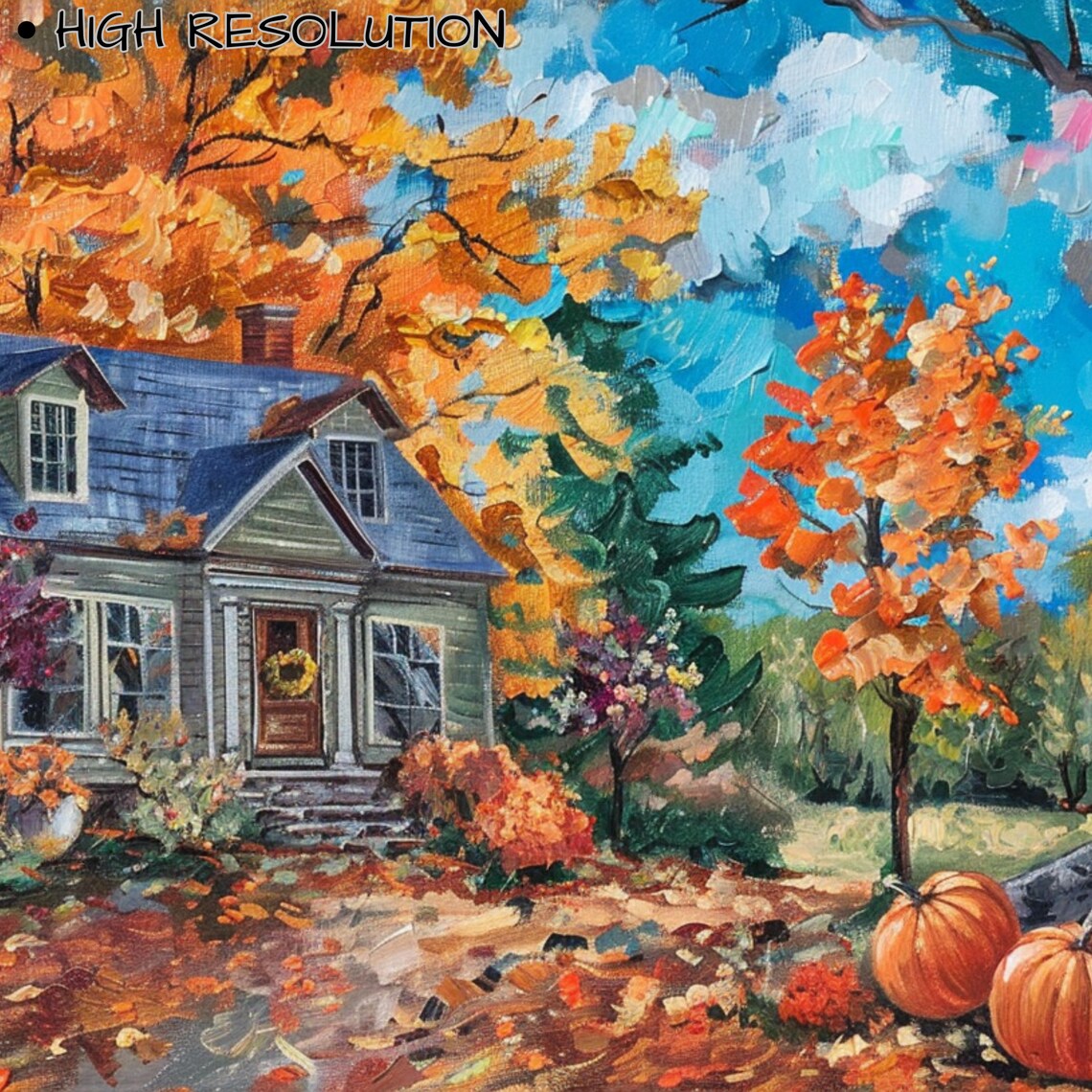 Autumn Farmhouse With Pumpkins Fall Foliage Country House Painting Art Poster - Image 3
