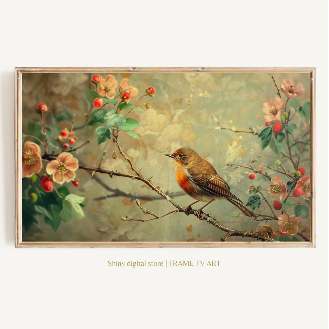 Vintage Songbird On Blossom Branch Pink Flowers Red Berries Art Print