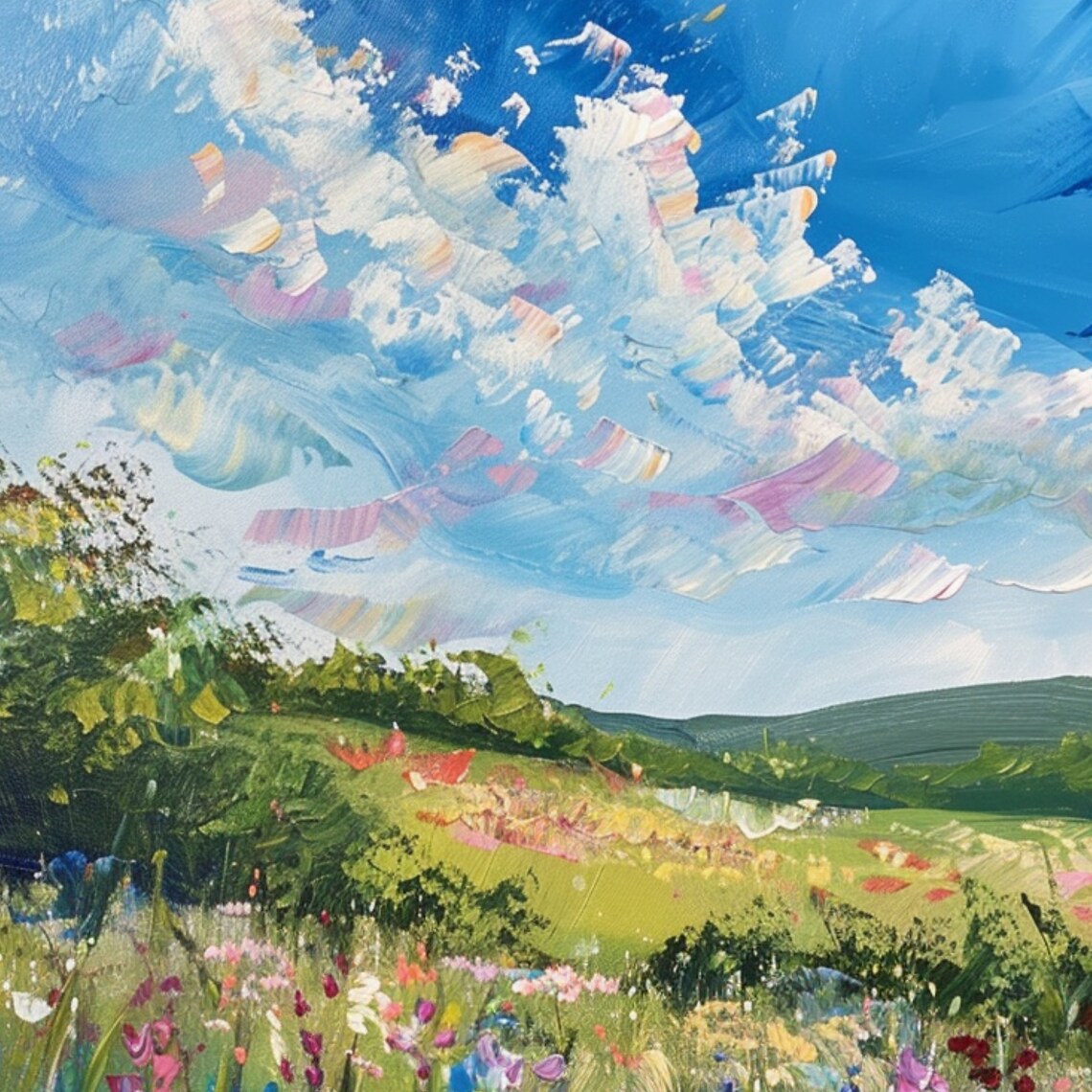 Wildflower Meadow Cornflower Daisies Bright Blue Sky Summer Art Poster - Image 3