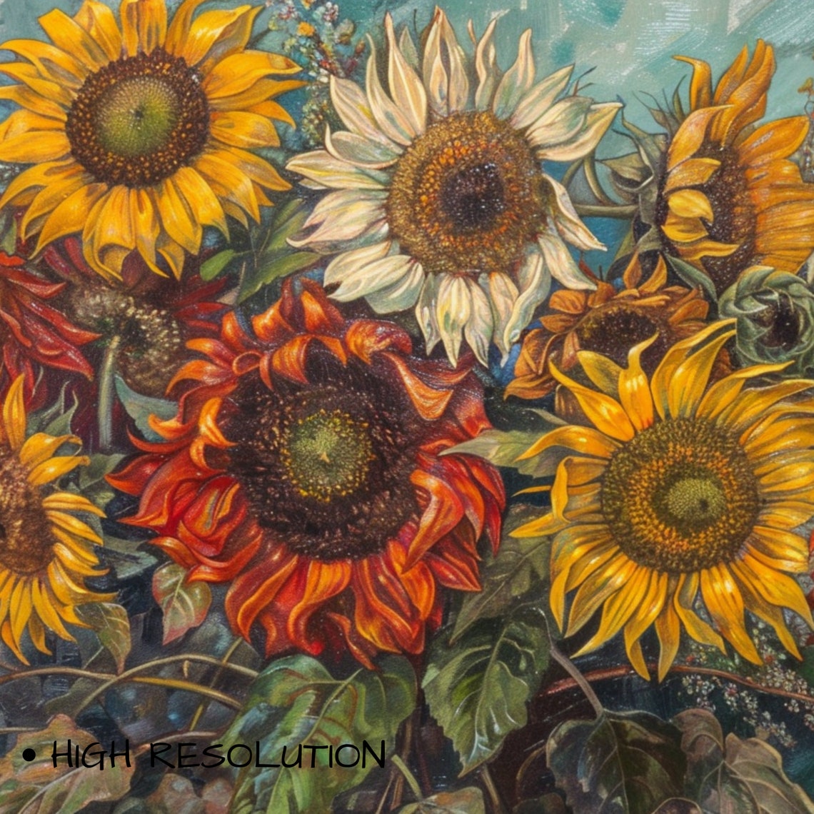 Sunflower Bouquet Yellow Red White Blooms Vintage Floral Art Print - Image 3