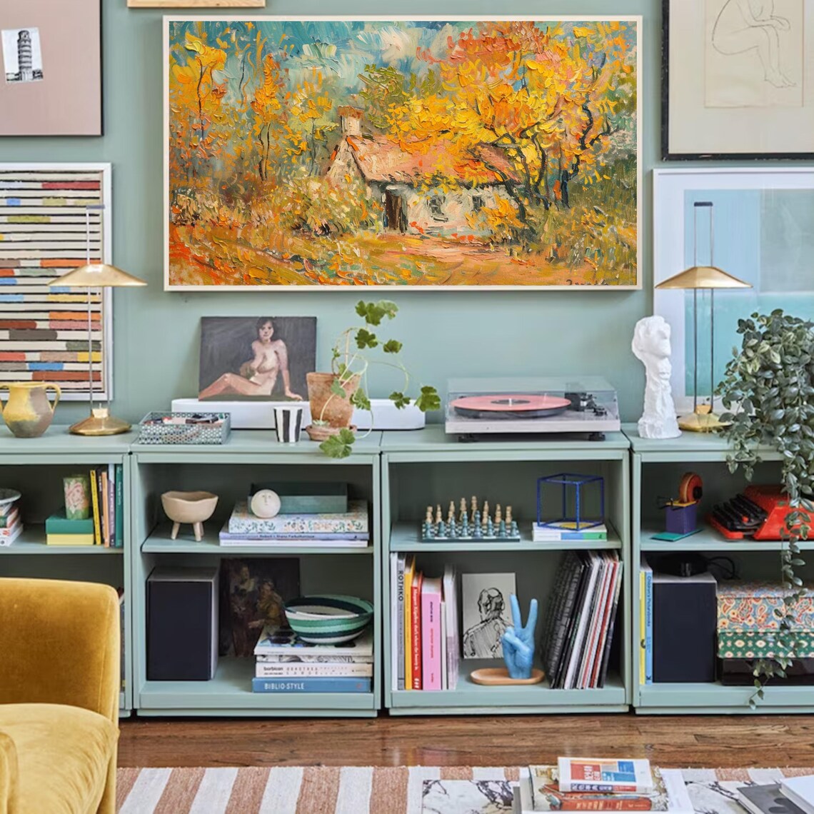 Golden Autumn Cottage Among Yellow Trees Impressionist Oil Wall Art - Image 2