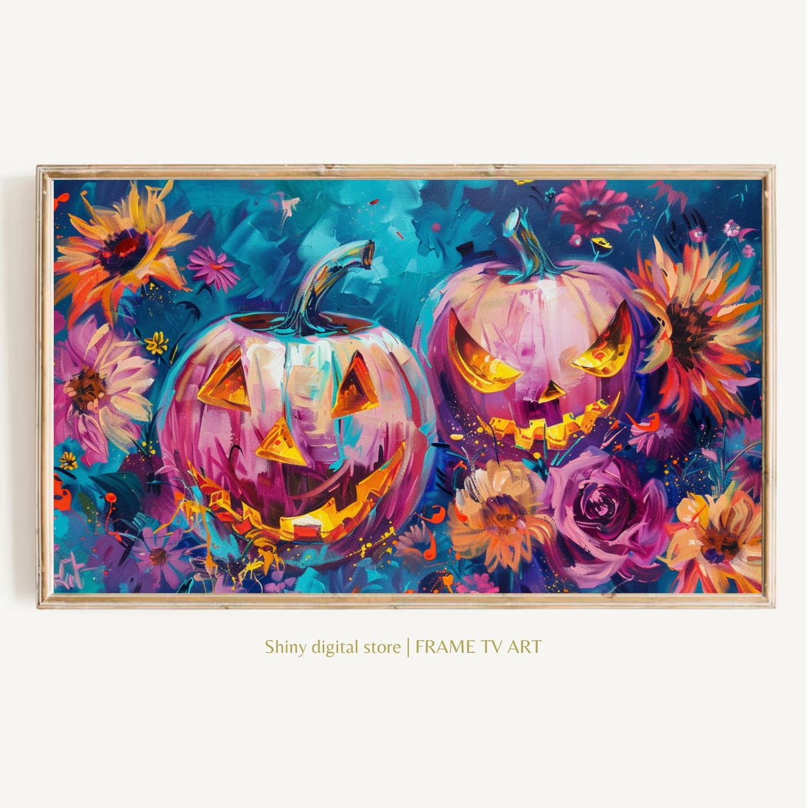 Pink Pumpkin Jack O Lanterns Flowers Teal Night Halloween Art Poster