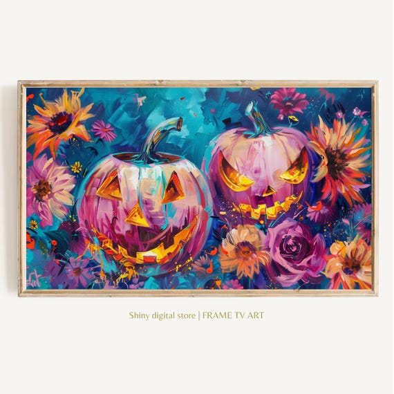 Frame Tv Art Halloween Pink Pumpkins Cute Colorful Blush Toned Jack O Lantern Art File Cute Coquette Floral Aesthetic