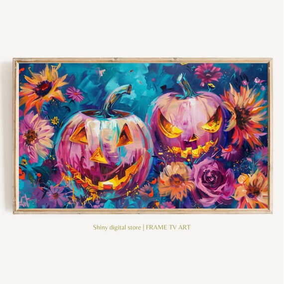 Pink Pumpkin Jack O Lanterns Flowers Teal Night Halloween Art Poster