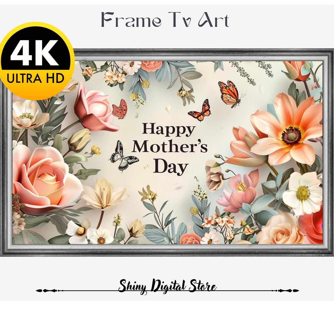 Happy Mothers Day Blush Flowers Butterflies Spring Greeting Art Poster