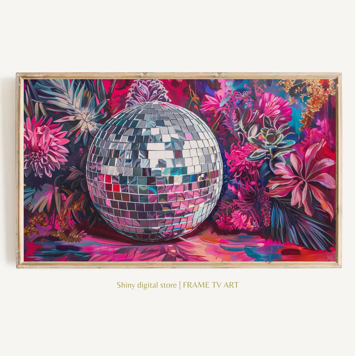 Disco Ball with Vivid Pink Tropical Flowers Maximalist Party Wall Art