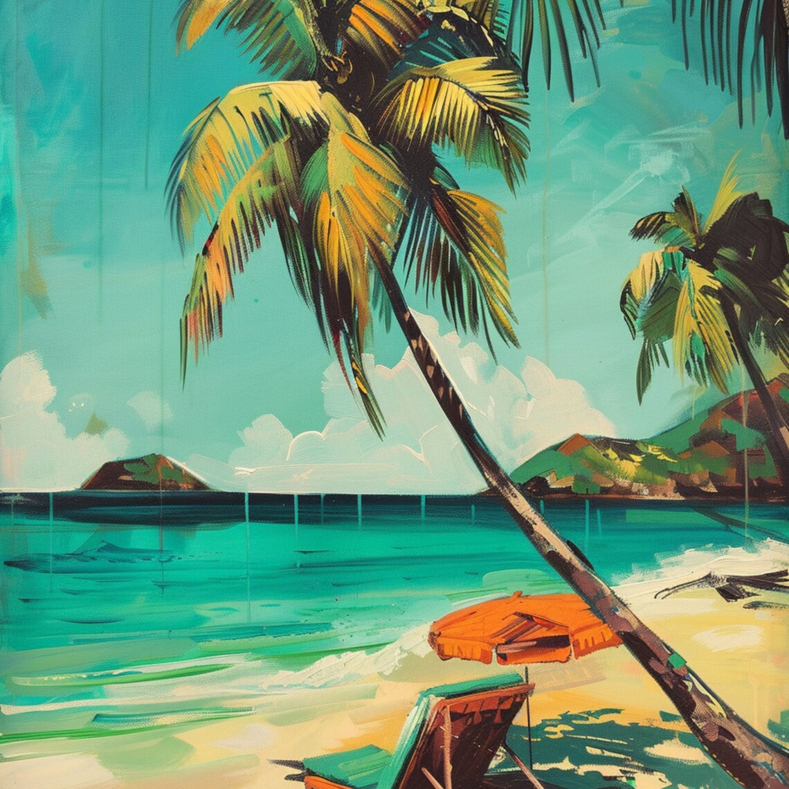 Tropical Palm Beach Lounge Chair Retro Turquoise Sea Travel Poster - Image 3
