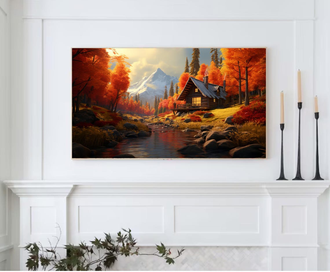 Cozy Autumn Log Cabin Stream Snowy Mountain Fall Foliage Poster - Image 2