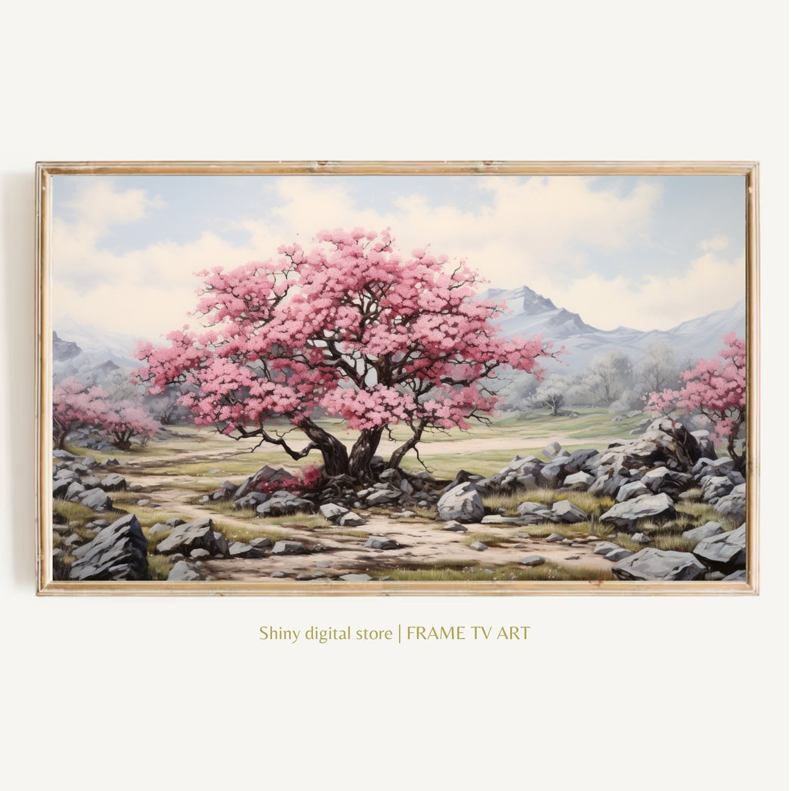 Pink Blossom Tree Rocky Field Mountains Spring Landscape Art Print