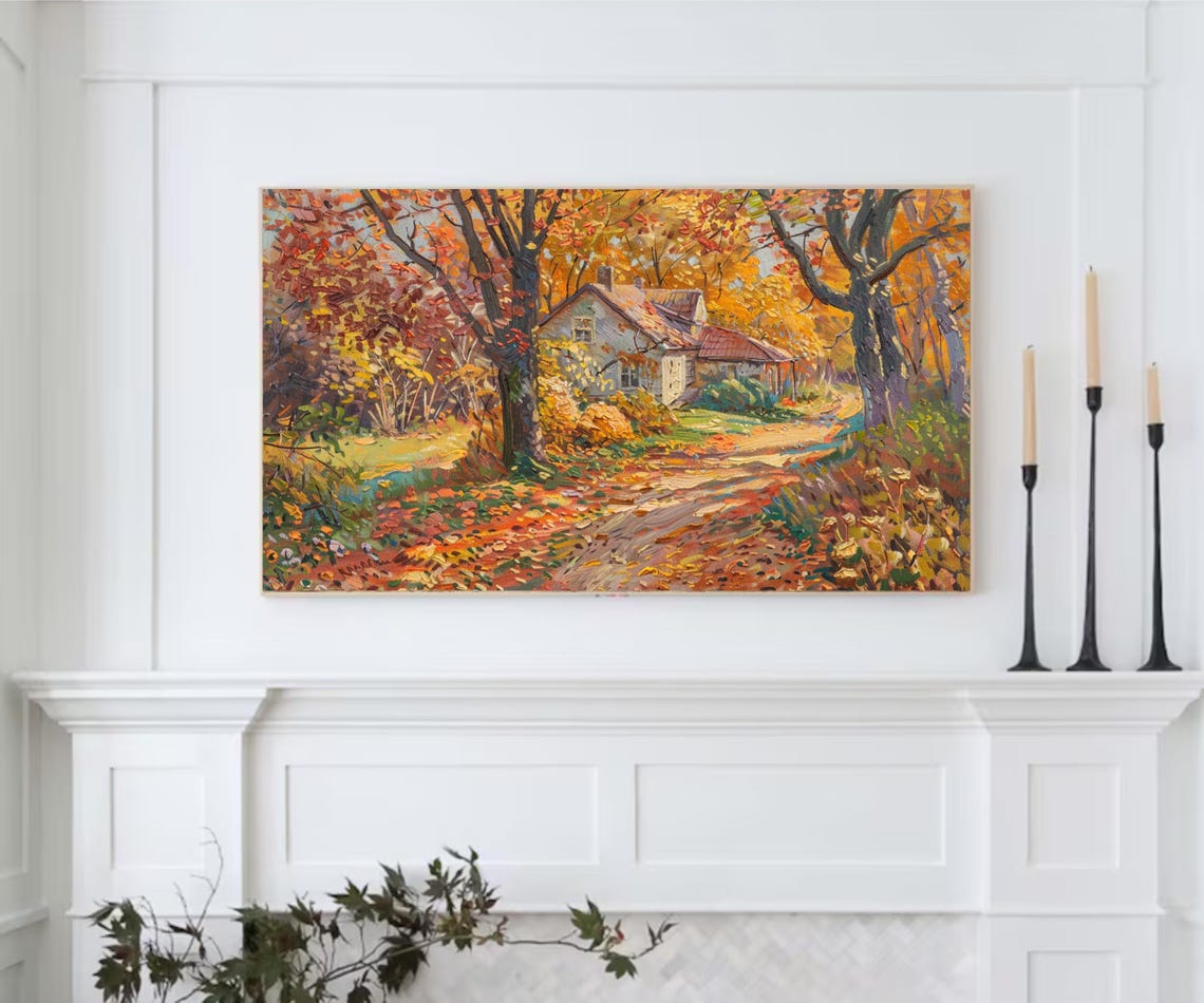 Autumn Cottage Golden Fall Trees Country Path Vintage Art Poster - Image 2
