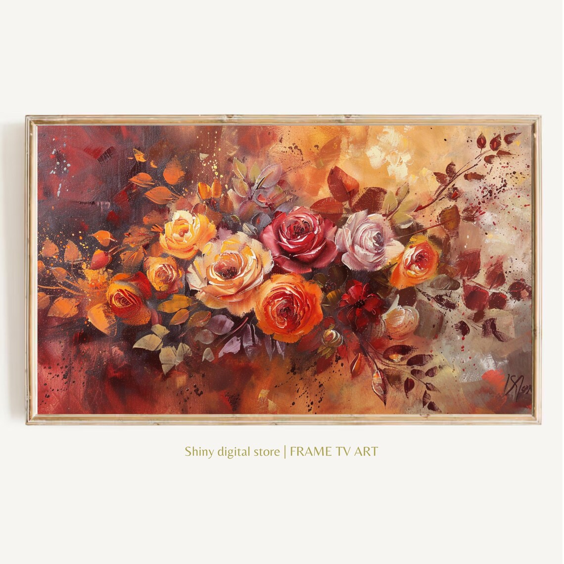 Autumn Roses Bouquet Warm Orange Red Flowers Oil Painting Poster