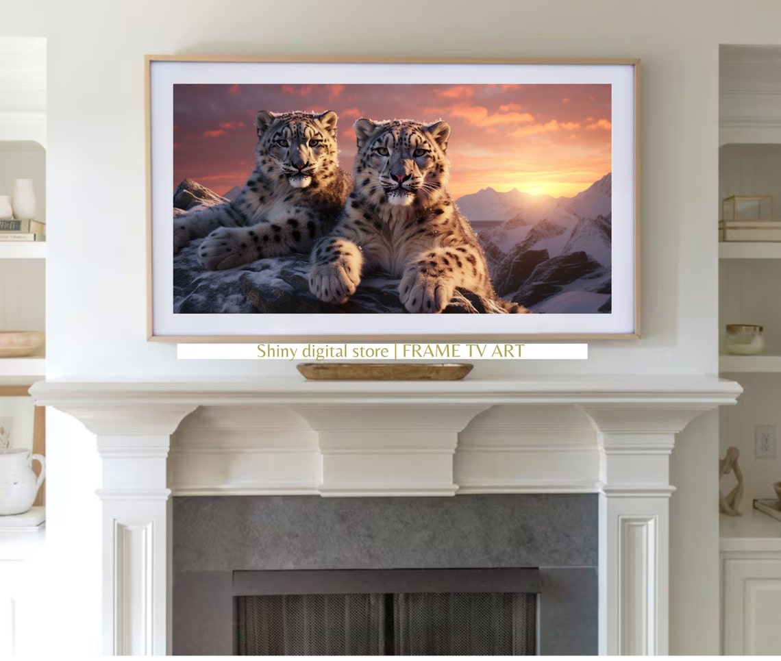 Snow Leopard Pair Sunset Rocky Mountain Snow Wildlife Art Poster - Image 3