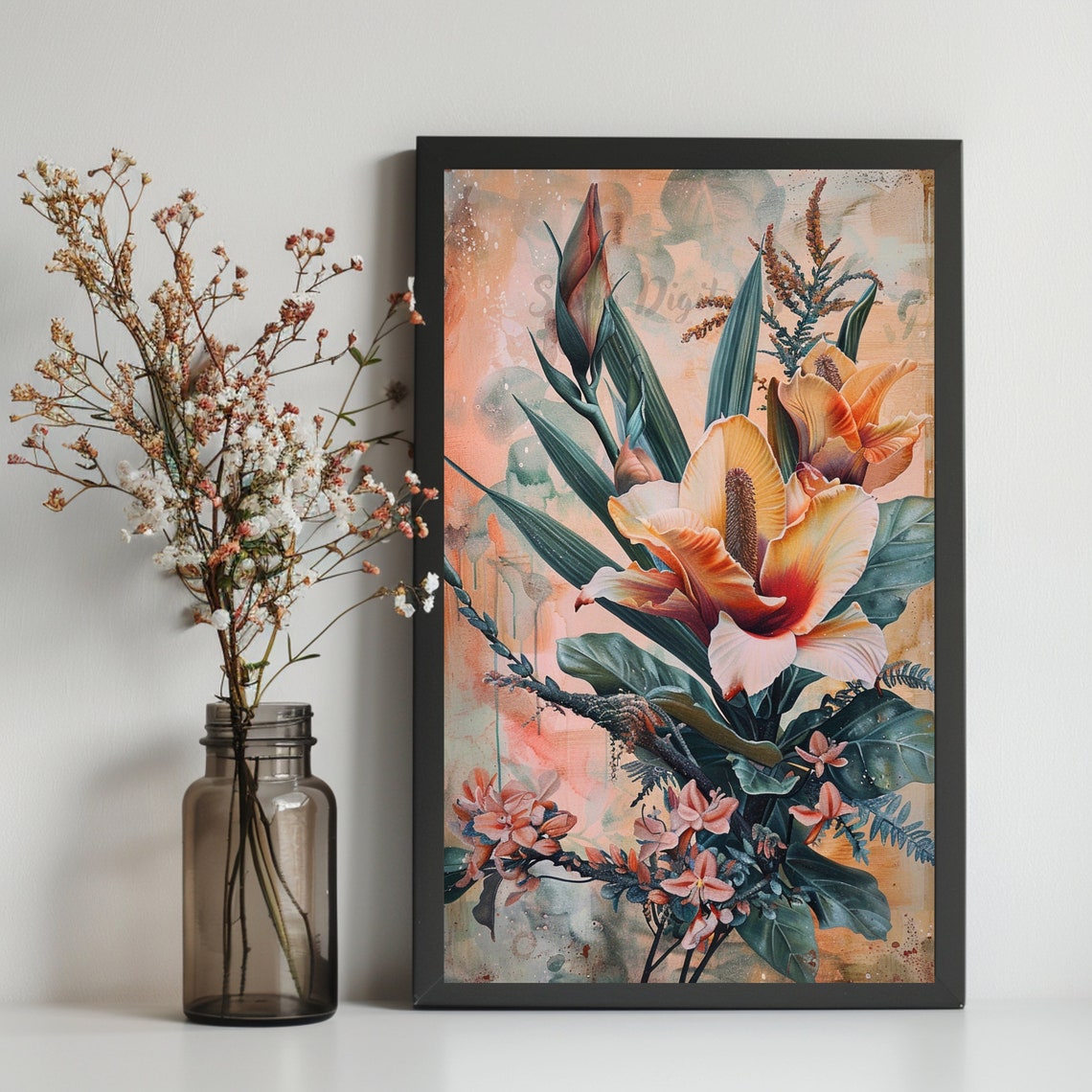Exotic Cream Blossom Pink Flowers Peach Vintage Botanical Art Poster - Image 3
