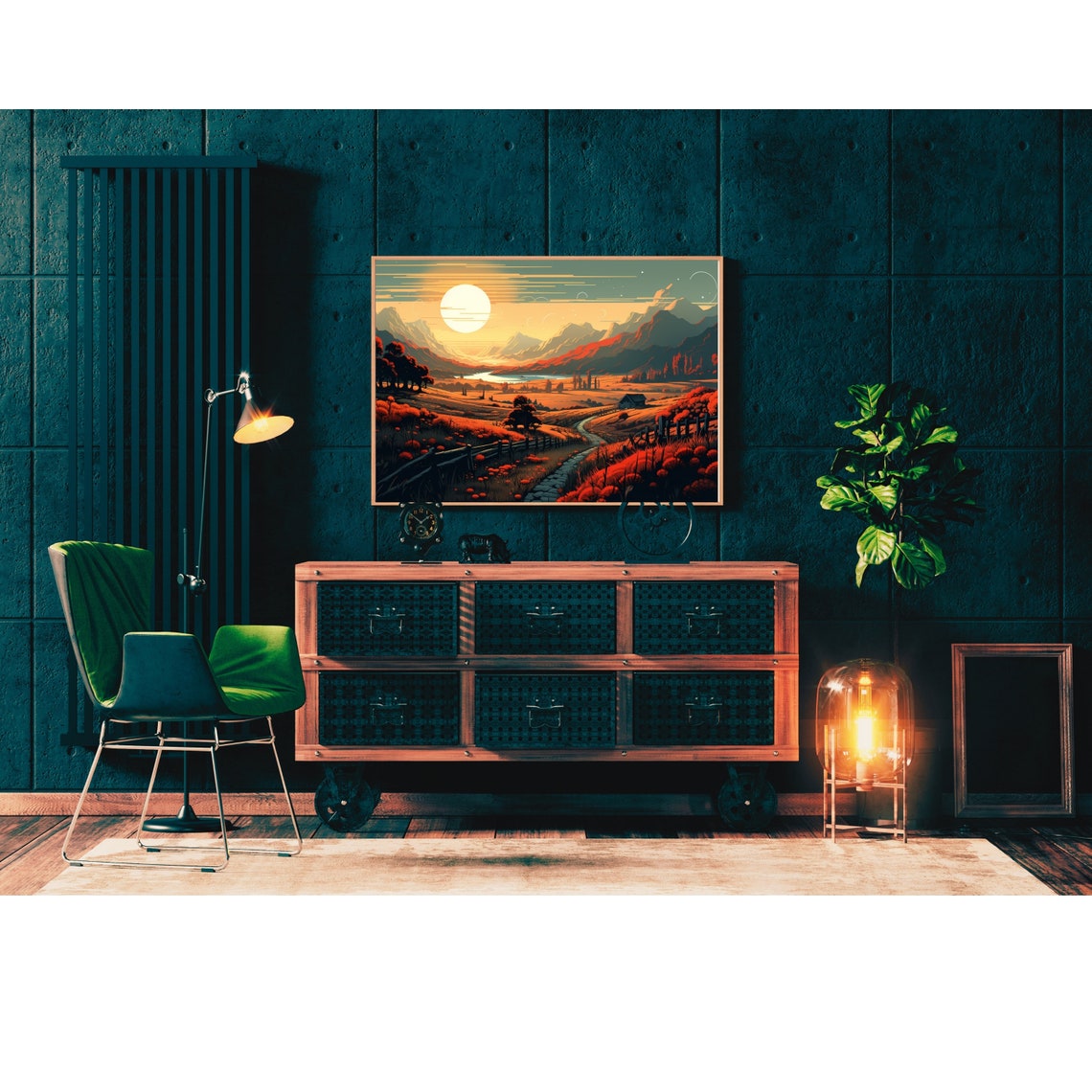 Sunset Mountain Valley Golden Stone Path Country Illustration Poster - Image 2