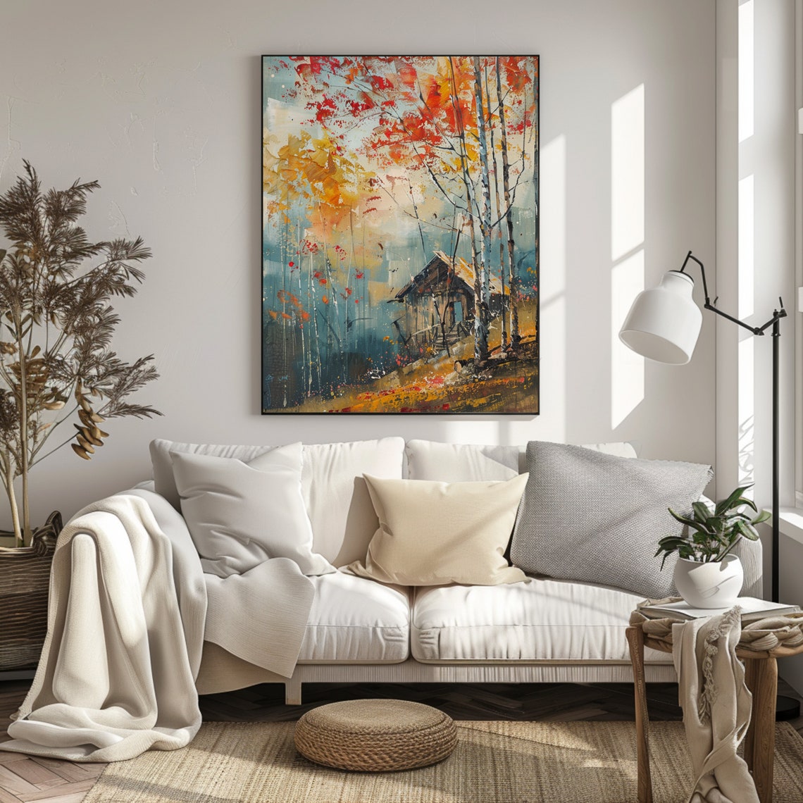 Autumn Birch Forest Cabin Fall Foliage Orange Red Trees Poster - Image 2