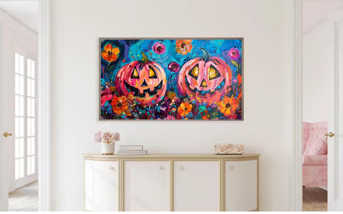 Pink Jack O Lanterns With Wildflowers Colorful Halloween Painting Poster - Image 2