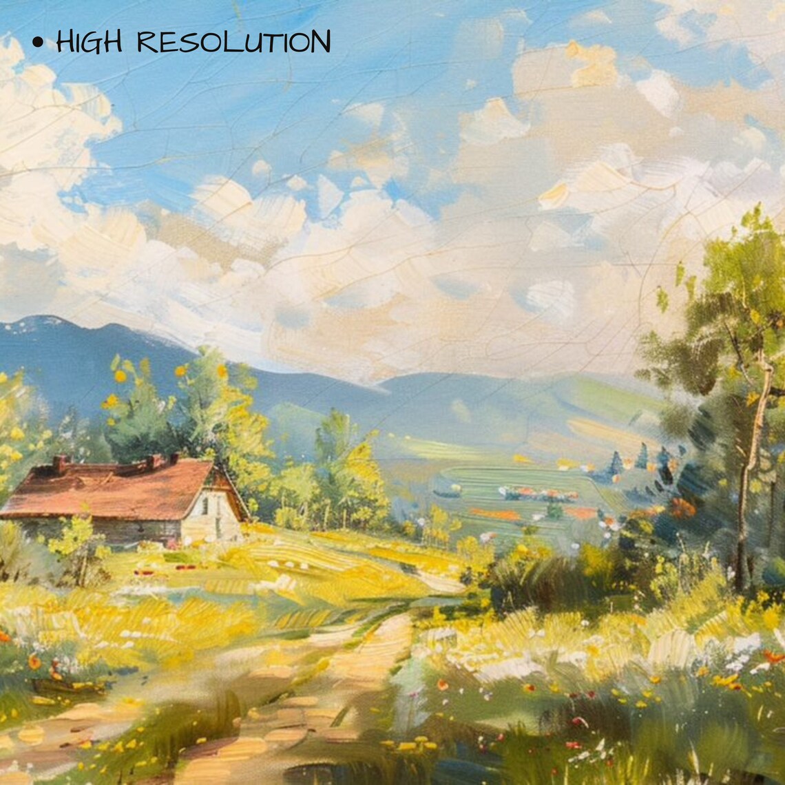 Vintage Summer Farmhouse Meadow Mountain Landscape Oil Art Poster - Image 3