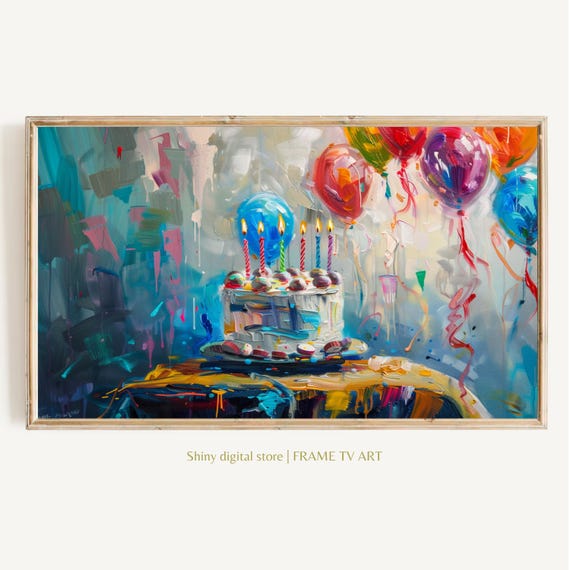 Birthday Frame Tv Art Colorful Birthday Cake Balloons Painting For Tv Blue Frame Tv Bday Art