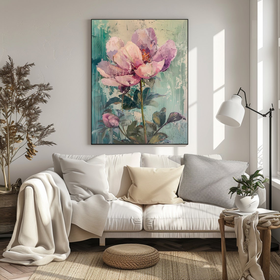 Lavender Pink Rose Painting Teal Background Impressionist Floral Print - Image 2