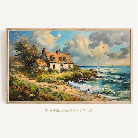 Coastal Cottage On Rocky Cliffs Ocean Waves Vintage Beach Poster