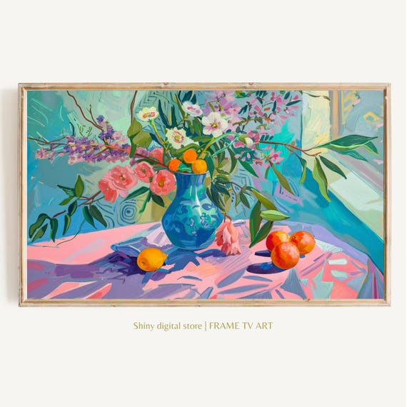 Still Life Frame Tv Art Colorful Floral Vibrant Checkerboard Textured Oil Painting Maximalist Mid Century Modern Bold Flower Tv Picture