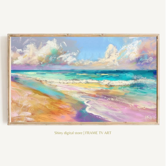 Frame Tv Summer Art Colorful Beach Seascape Pastel Abstract Cute Textured Painting For Tv Instant Art