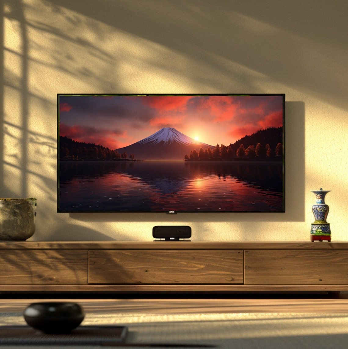 Mount Fuji Sunset Red Sky Lake Reflection Silhouette Frame TV Poster - Image 3
