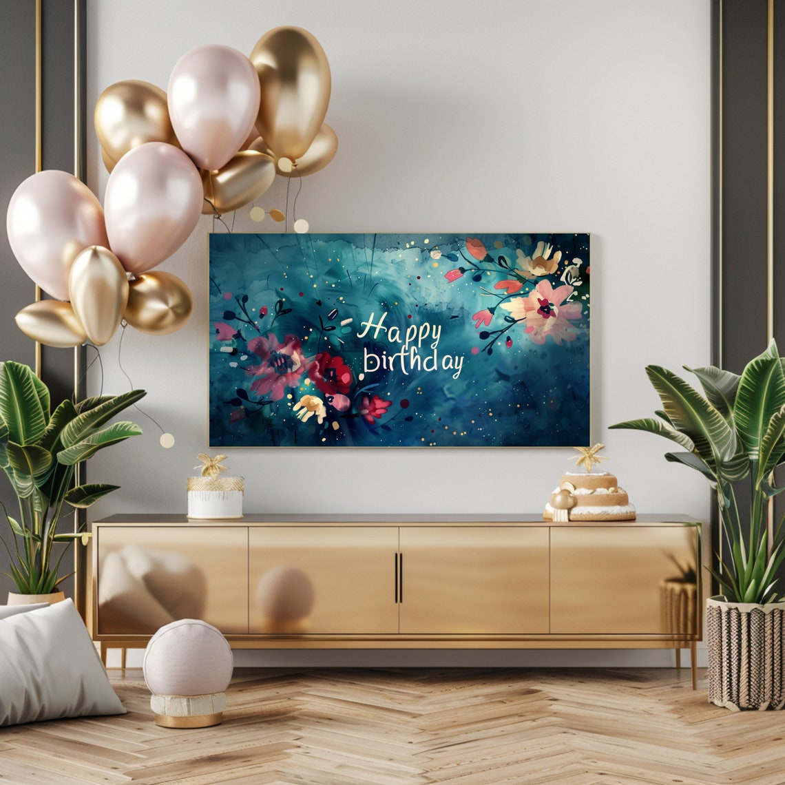 Happy Birthday Teal Watercolor Floral Celebration Script Art Poster - Image 2