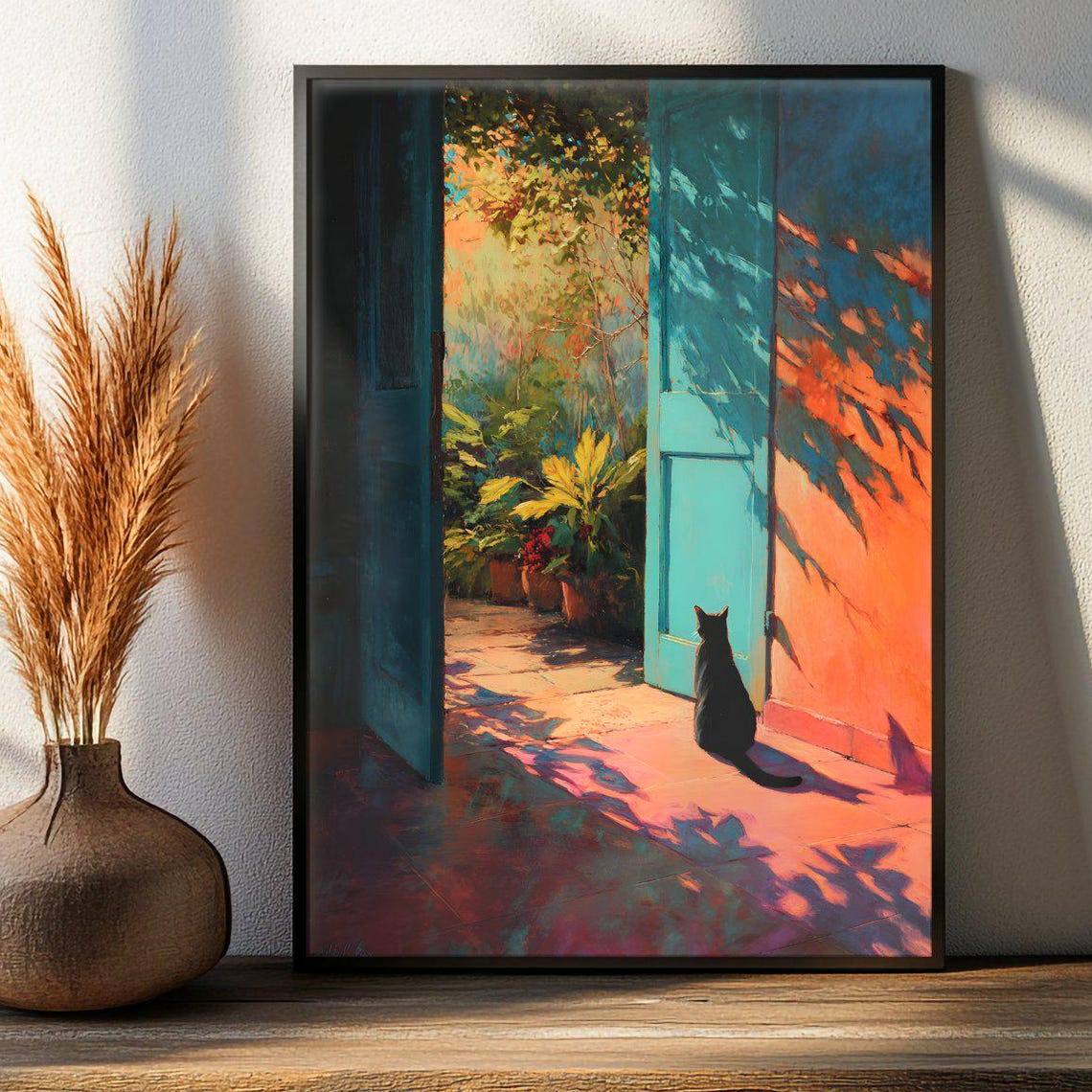 Japanese Black Cat In Sunlit Doorway Poster Pet Bathes Warm Sunlight Wall Art