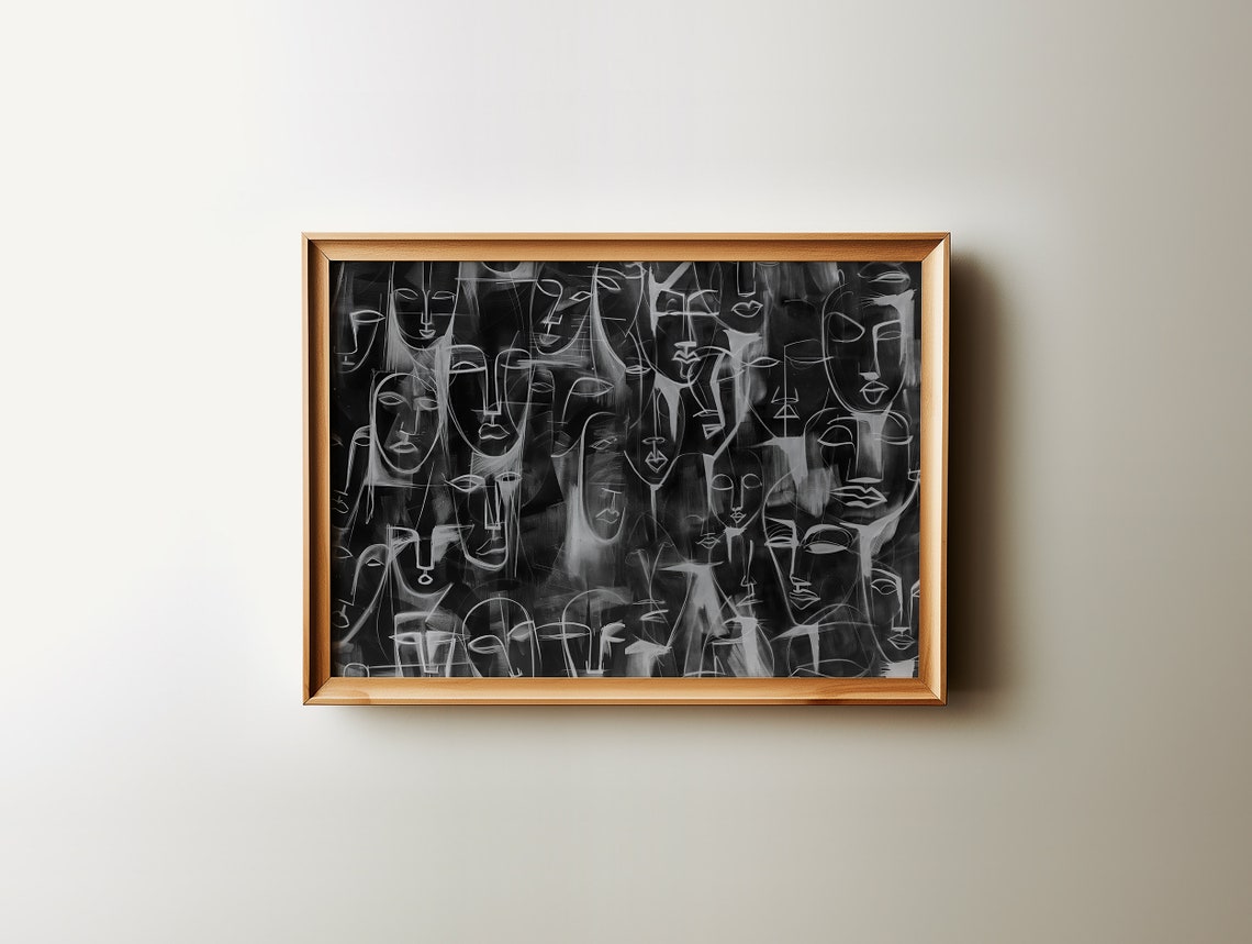 Monochrome Abstract Line Faces Modern Gallery Wall Art Piece - Image 3
