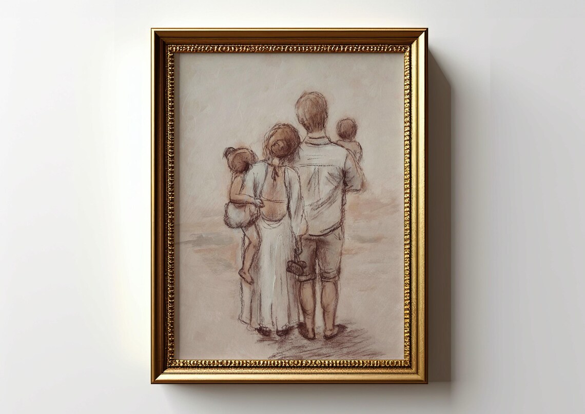 Family of Four Walking Away Parents Carrying Kids Sketch Poster