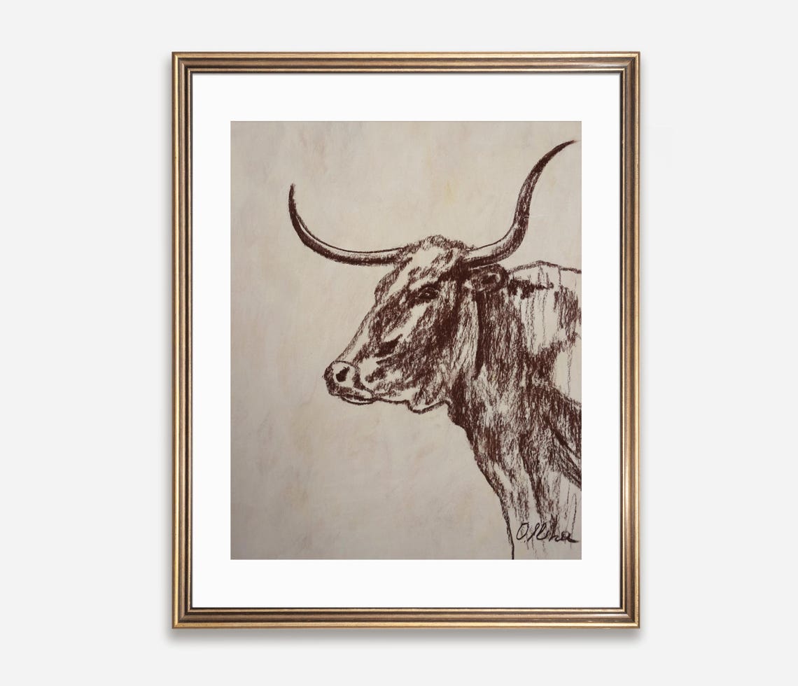 Longhorn Head Profile Ink Sketch Poster Sepia Western Artwork