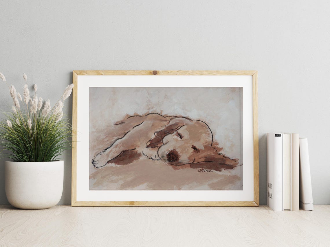 Sleeping Golden Dog Charcoal Sketch Cozy Neutral Nursery Poster - Image 2